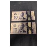2 2013 consecutive Canadian $10 bank notes