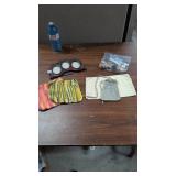 Misc lot - frame,crokinole pieces,knitted was