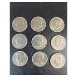Nine Kennedy Half Dollar Coins