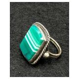 Silver Tone Ring with Green Agate Stone