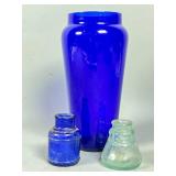 Three Blue and Clear Glass Bottles