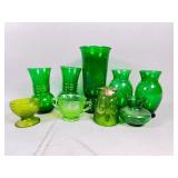 Green Glass Vases and Bowls
