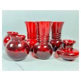 Six Ruby Red Glass Vases