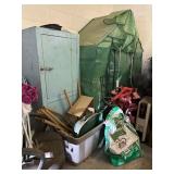 Storage Cabinet, Heater, and Garden Supplies