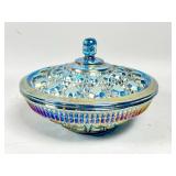 Blue Carnival Glass Covered Dish