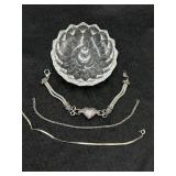 Glass Dish and Silver-Tone Jewelry