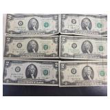 Six $2 Federal Reserve Notes