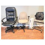 Office Chairs, Space Heater, and Fan Lot