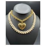 Gold-Tone Heart Pendant and Pearl Necklaces