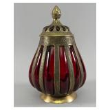 Red Glass Vessel With Brass Overlay and Lid