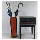 Decorative Umbrella Stand, Chest, and Tools
