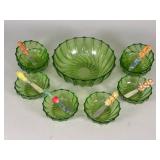Green Glass Bowl Set With Spreaders