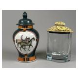 Ceramic Jar with Horse Motif and Glass Jar