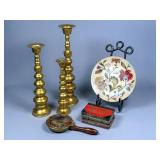 Brass Candlesticks, Hand Mirror, Plate, and Box