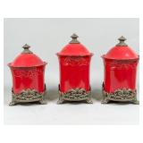 Three Chris Madden Red Ceramic Canisters
