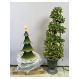 Metallic Green Tree and Pre-lit Faux Topiary