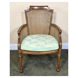 Cane Back Wood Armchair with Carved Details