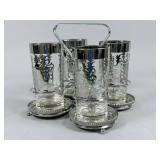 Four Silver-Tone Glass Holders with Tray