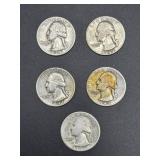 Five Silver Washington Quarters 1939-1947