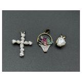 Three 14KT Gold Pendants with Stones and Pearls