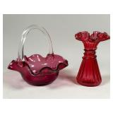 Cranberry Glass Vase and Basket Set