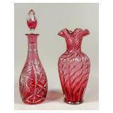 Cranberry Glass Decanter and Vase