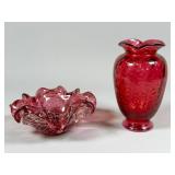 Ruby Red Glass Vase and Ruffled Bowl