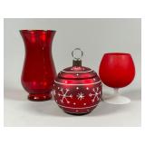 Three Red Glass Items with Ornament Jar
