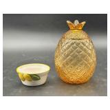 Amber Glass Pineapple Jar & Ceramic Bowl