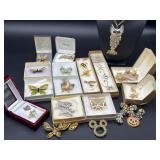 Butterfly Brooches & Owl Pendant Necklace