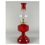 Red Glass Oil Lamp with Frosted Chimney