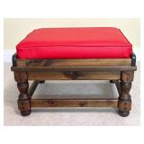 Wood Ottoman with Red Cushion