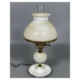 White Glass Hobnail Lamp w/ Brass Details