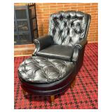 Black Tufted Leather Chair with Ottoman