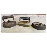 Three Vintage Cast Iron and Metal Irons