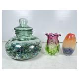 Glass Jar with Lid and Two Art Glass Vases