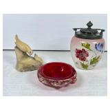 Decorative Glass Biscuit Jar, Figurine, and Bowl S
