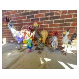 Six Metal Bird and Rooster Sculptures