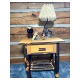 Rustic End Table with Decorative Lamp and Figurine