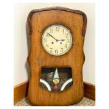 Wooden Wall Clock With Pendulum and Painted Glass
