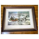 Framed Horse-Drawn Sleigh Lithograph Print