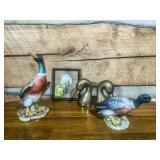 Porcelain Mallard Figurines and Framed Cattail Art