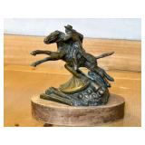 Bronze Horse and Rider Sculpture on Wooden Base