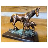 Bronze-Style Horse and Foal Figurine on Base