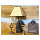 Equestrian-Themed Lamps and Hunting Plaque Trio