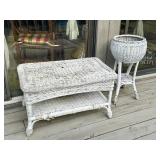 White Wicker Table and Plant Stand Set
