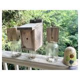 Wooden Birdhouse with Mason Jar Feeders