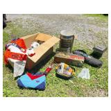 Outdoor Gear Lot with Tent, Sports Items, and Acce