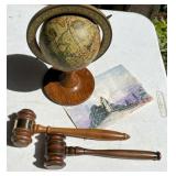 Desktop Globe, Two Wooden Gavels, and Postcard