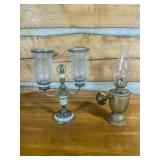 Brass Candelabra and Wall-Mount Oil Lamp